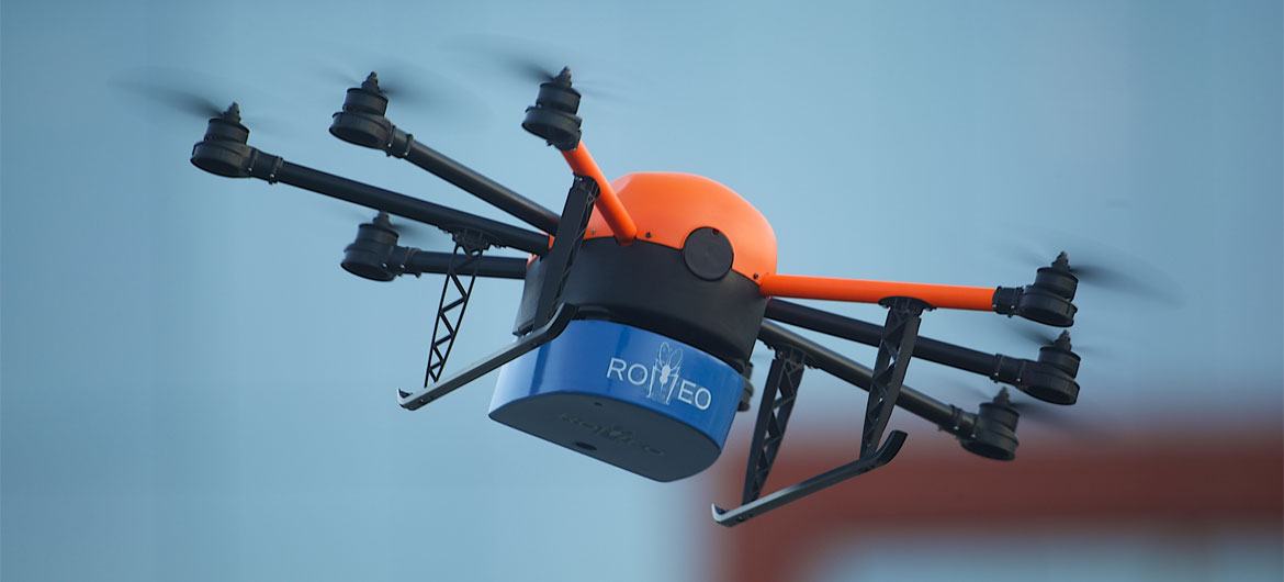 ROMEO, a customized drone, soars through the sky to help control disease-carrying mosquitoes to save lives. Saving lives through controlling disease-carrying mosquitoes is the mission of ROMEO, an innovative concept using a customized drone that recently 