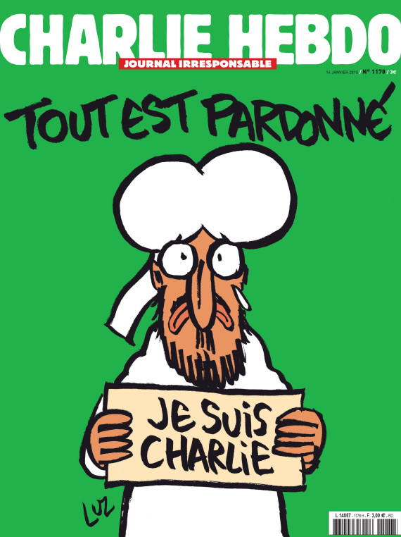 La couverture du dernier Charlie Hebdo avec le prophète Mahomet représenté présentant le message "je suis Charlie" et "tout est pardonné"