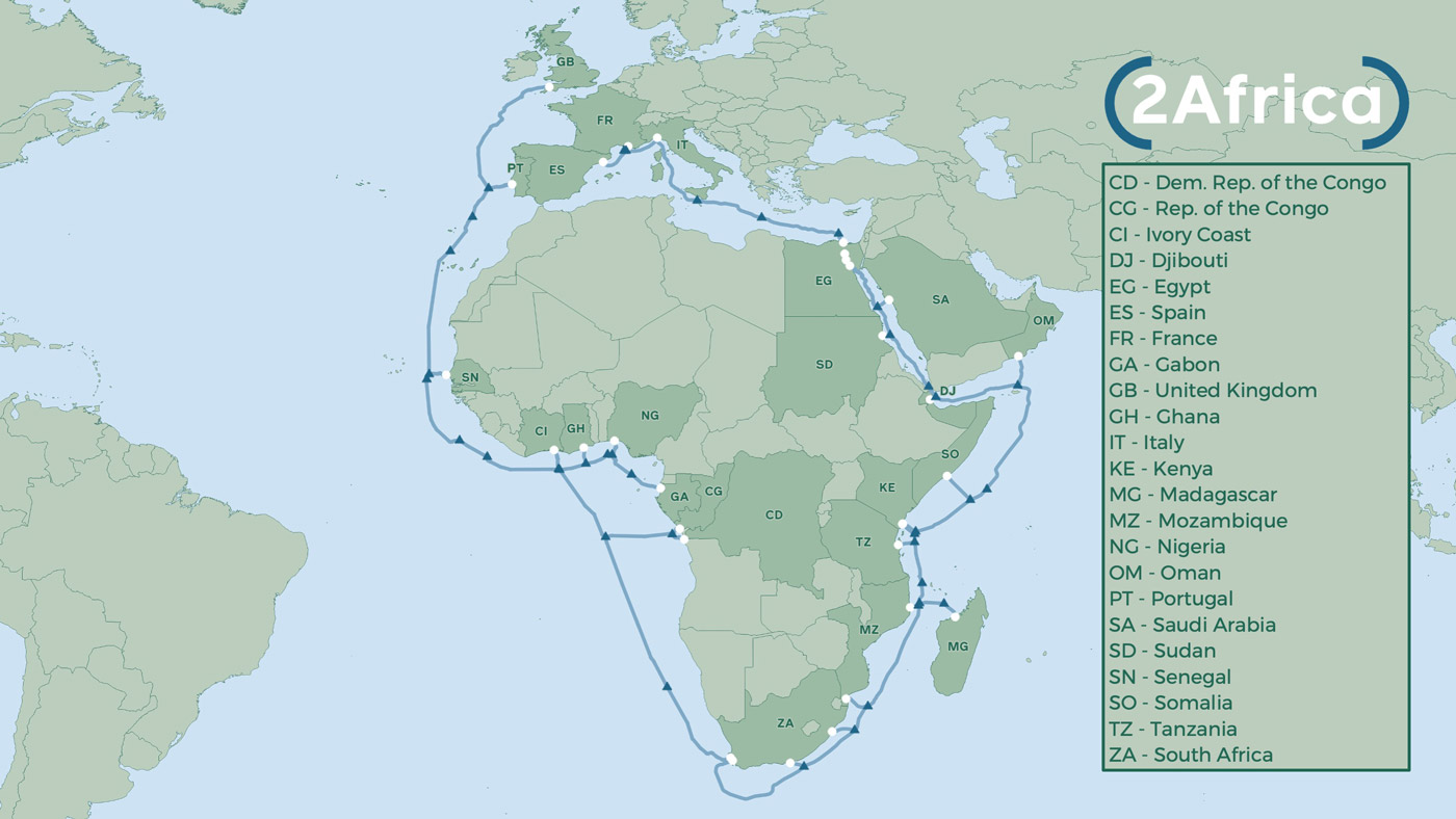 2Africa est l’un des projets sous-marins les plus importants au monde, reliant 23 pays d’Afrique, du Moyen-Orient et d’Europe