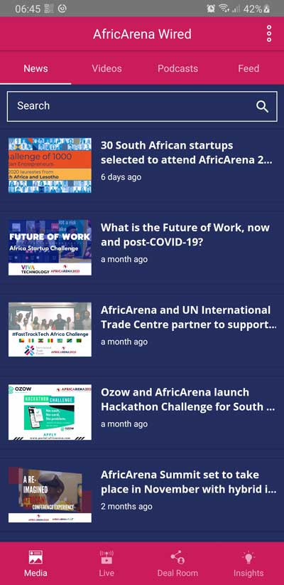 Capture d'écran de l'application Africarena Wired